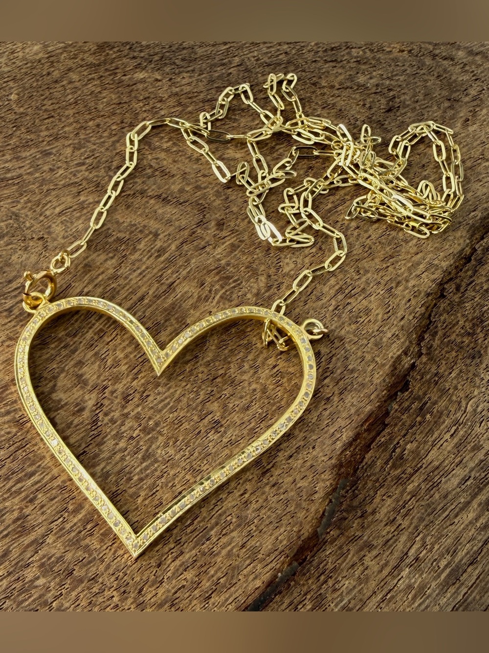 Uncut Diamond Large Heart Pendant, Long 14k Gold Filled Paperclip Necklace